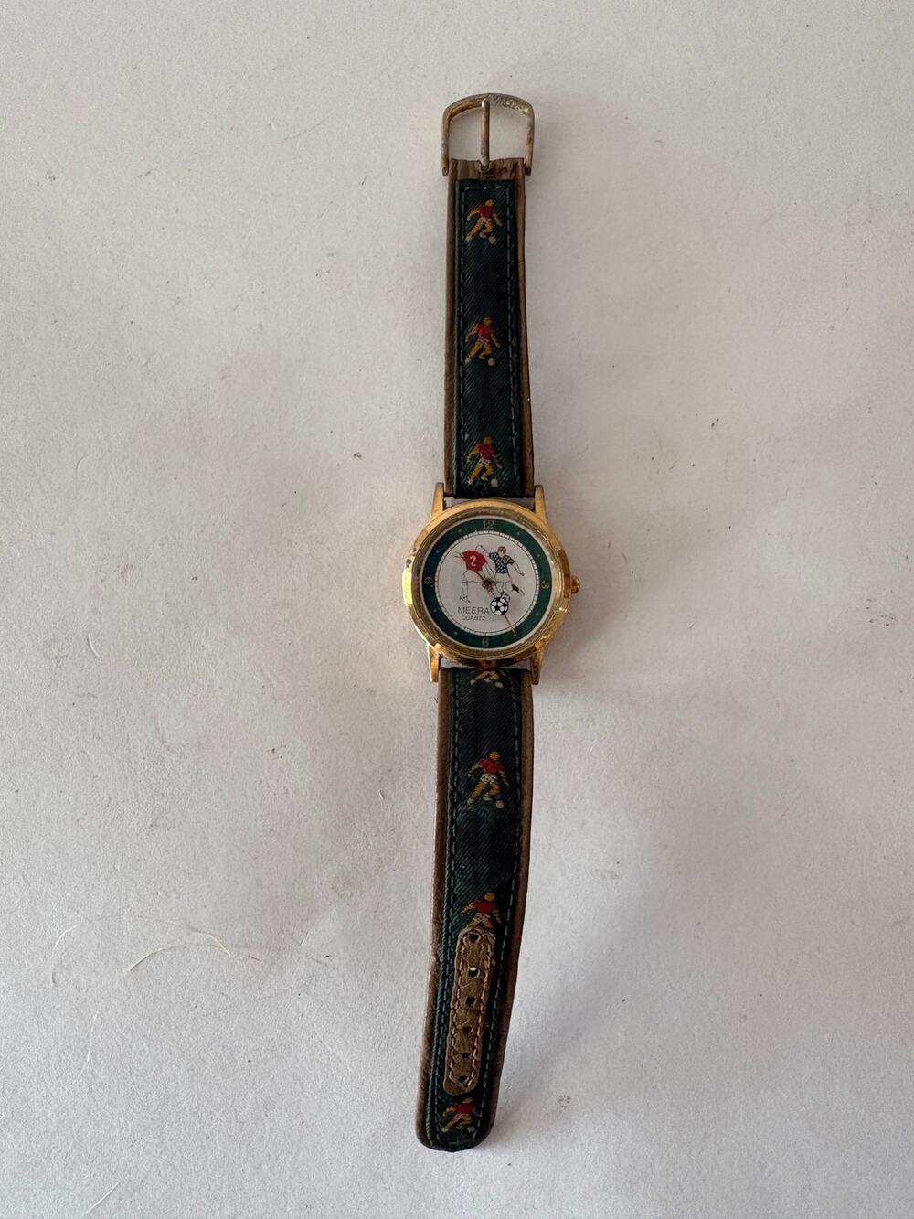 Vintage Meera Quartz Soccer Watch Green Embroidered Football Strap needs battery